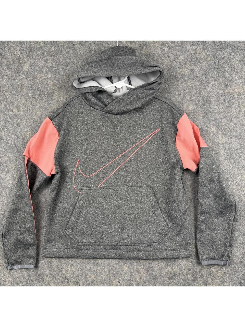 Nike Girl’s Micro Fleece Hoodie Kangaroo Pocket Gray Coral Medium EUC 703